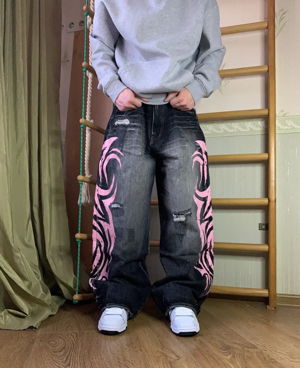 Y2K American Vintage Mottled Totem Print Baggy Jeans Women's High Waist Wide Leg Jeans Women's  Trendy Hip-hop Jeans