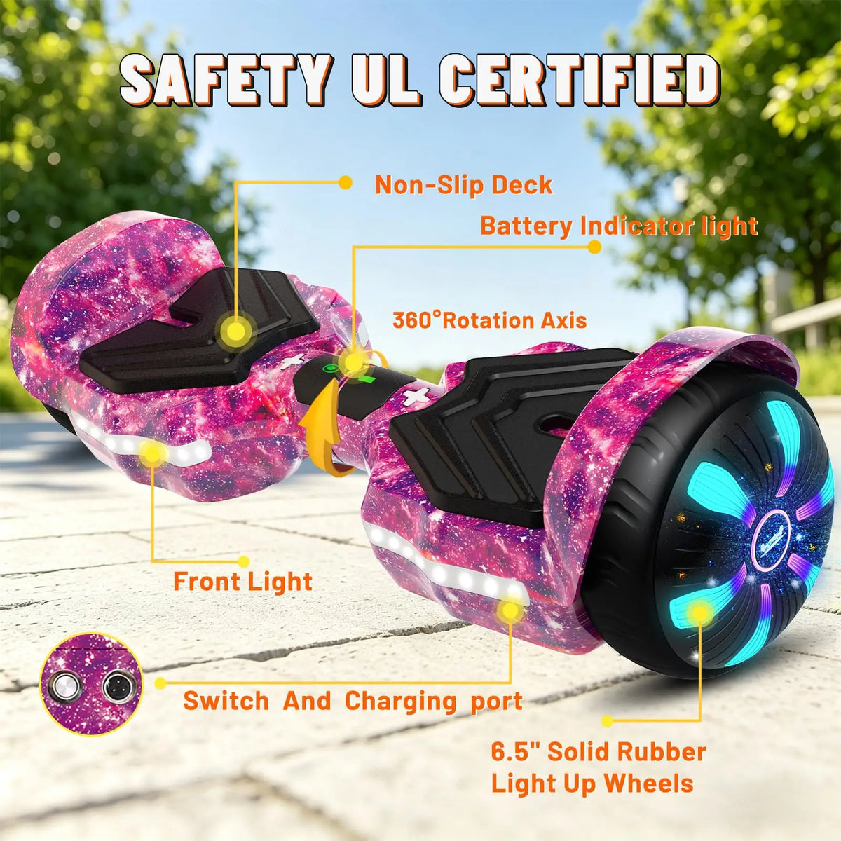 Simate K1 6.5" Hoverboard Electric Self Balancing Scooter with Bluetooth Speaker Colorful Lights UL2272 Certified All Terrain