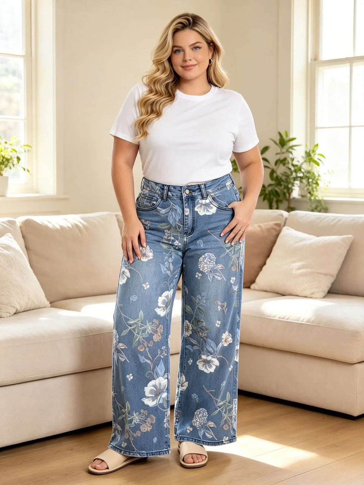 【HME】Jeans | All-Over Vintage Floral Print Denim Pants, High Waist Wide Leg Straight Denim, Retro Light Wash Denim Fabric, Artistic Vacation Style Pants For Women Daily & Travel Outfits