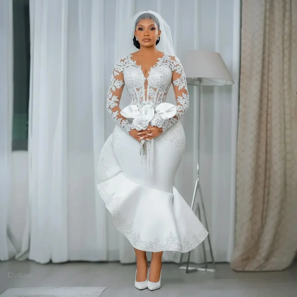 Modern African White Mermaid Civil Wedding Dress Ankle-Length Ruched Long Sleeves Bridal Gown Plus Size Bride Dresses Customized