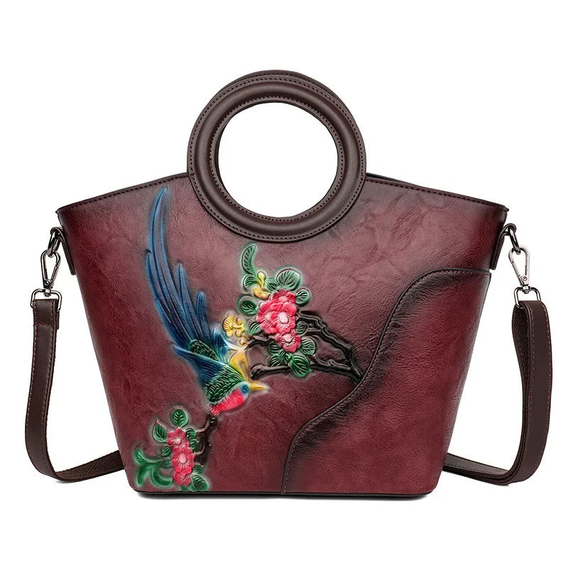 2026 New Handmade Painting Vintage Bucket Bag for Women Genuine Leather Textured Top Handle Shoulder Crossbody Handbag Purse