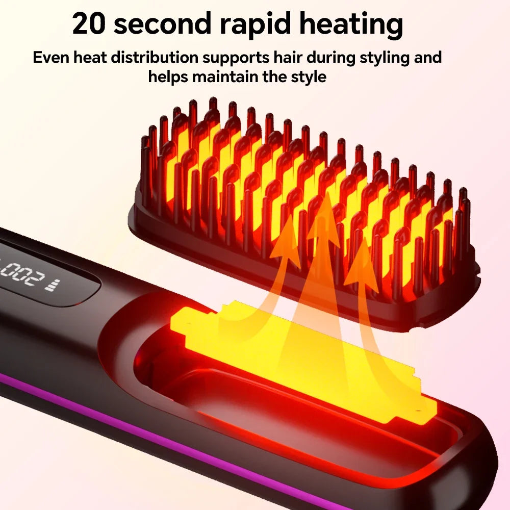 Rechargeable Hair Straightener Brush Ionic Hair Straightener Comb - 3 Temp Settings & Display, Straightening Brush for All Types