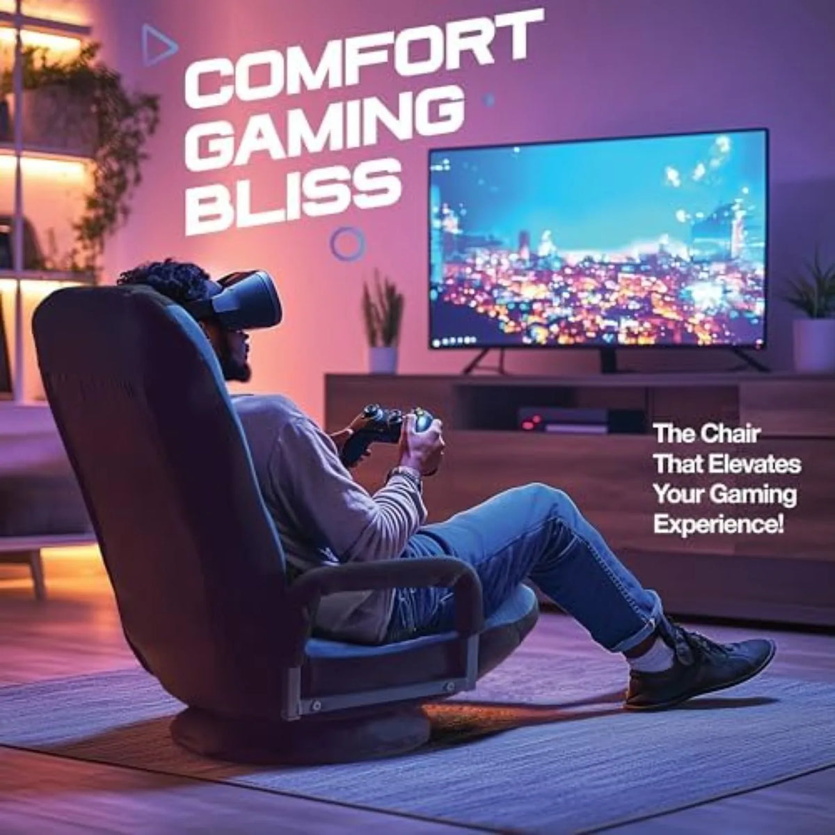 Swivel Floor Gaming Chair - Video Lounger Enjoy 6 Different Positions, Adjustable Backrest, Removable Arm Rests, Folds