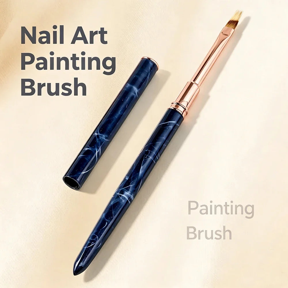 Portable Ombre Nail Art Brush with Dust Cap, Soft Nylon Bristles, Blue Marble Handle, Precision Blending Pen for Gradient Nail C