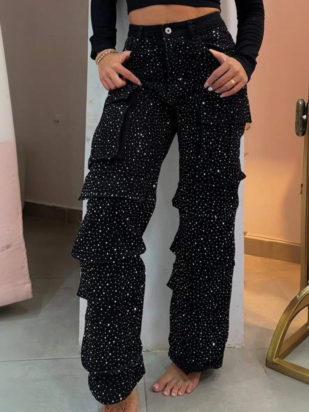 2026 New High Waist Black Rhinestone Multi-pocket Work Jeans, Street Style, High Quality Fashionable Straight Jeans, a Must-have for Street Style