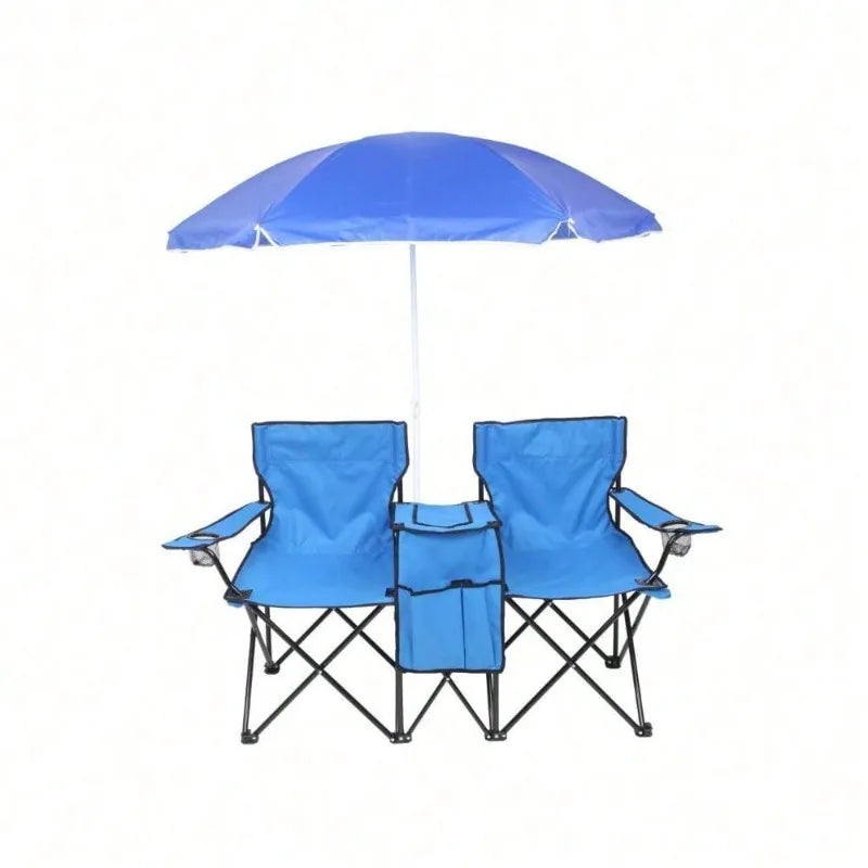 Portable Outdoor 2-Seat Folding Chair With Removable Sun Umbrella Blue, Camping Chair, Beach Essentials