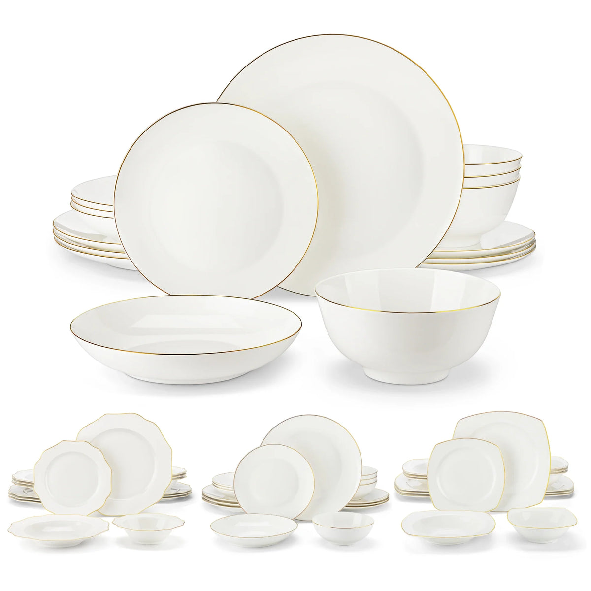 MALACASA 16/32-PCS Nordic European Golden Rim White Bone China Tableware Set with Bowl,Dinner&Dessert&Soup Plate Set for 4