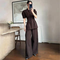 2026 New Women Two Piece Pant Suit Stand Collar Short Sleeve Peplum Top High Waist Wide Leg Trousers Elegant Outfit Set