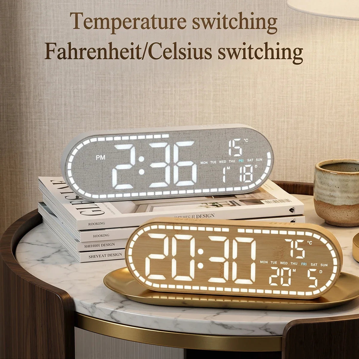 Digital Wall Clock Temperature Date Week Display Brightness Adjustable 12/24H Electronic LED Desk Alarm Clock for Home Decor
