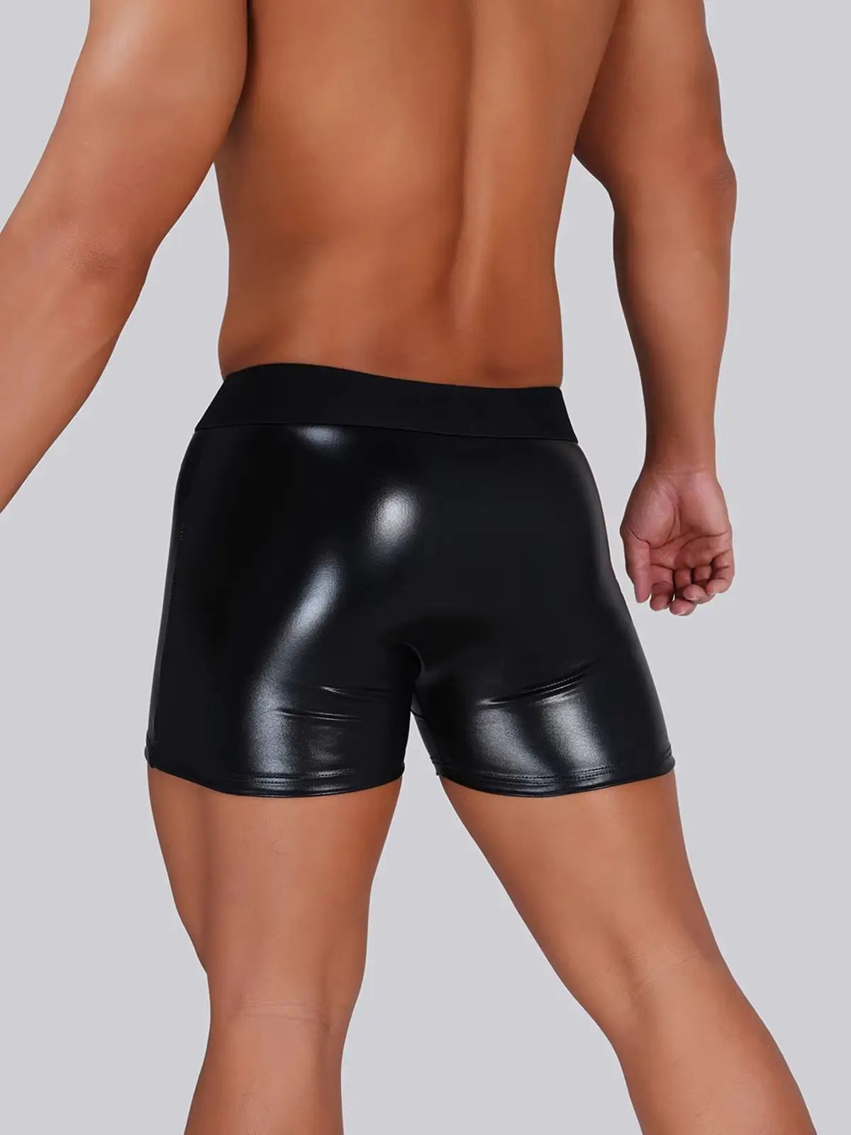Faux Leather Wet-look Men Boxer Briefs Sexy Cock Hole Pouch Underwear PU Underpants Silicone Cockring Boxers