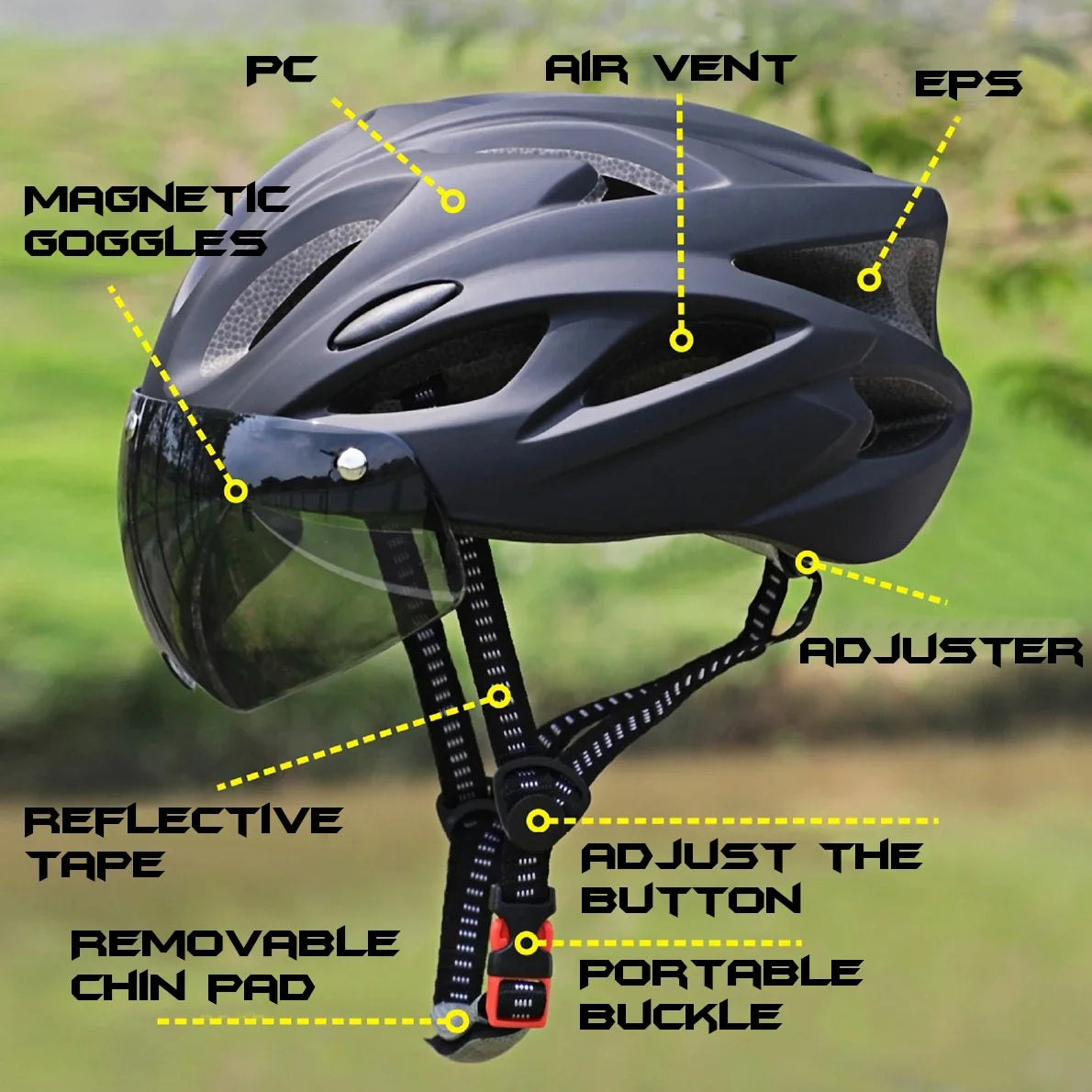 PJT Ultra-Light Magnetic Goggles Bicycle Helmet Lightweight PC Shell & EPS Foam Construction Cycling Helmet MTB Bike Helmet