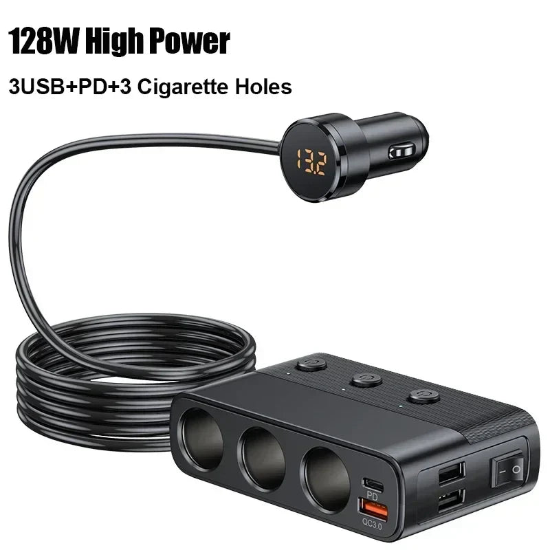 Car Cigarette Lighter Socket Splitter With Switch 128W Car Charger Splitter Multi Ports PD30W QC3.0 Fast Charger Power Adapter