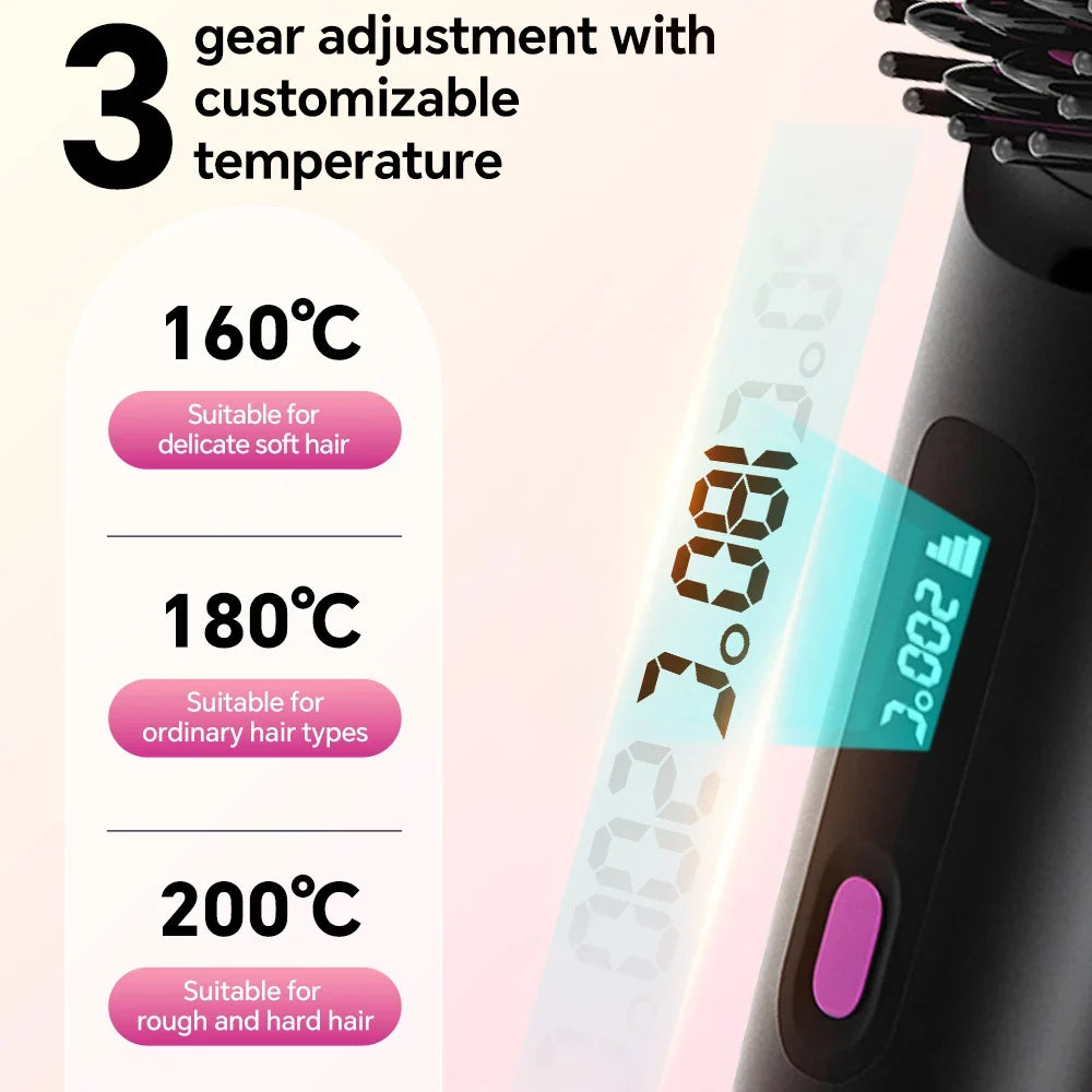 Rechargeable Hair Straightener Brush Ionic Hair Straightener Comb - 3 Temp Settings & Display, Straightening Brush for All Types