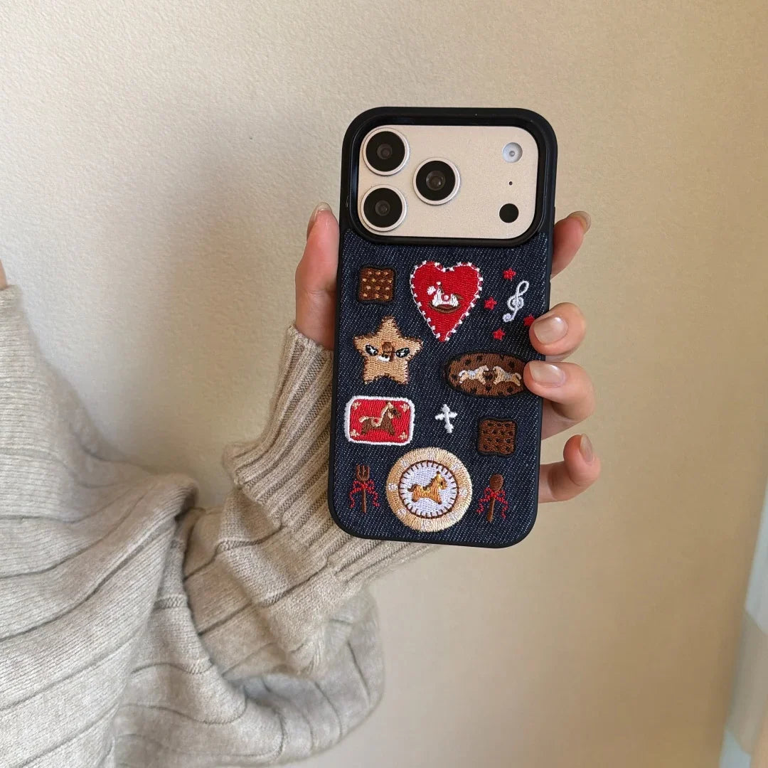 Artisan Denim Phone Case with Korean Embroidered Cartoon Design for iPhone 17 16 Pro 15 14 13 Pro Max