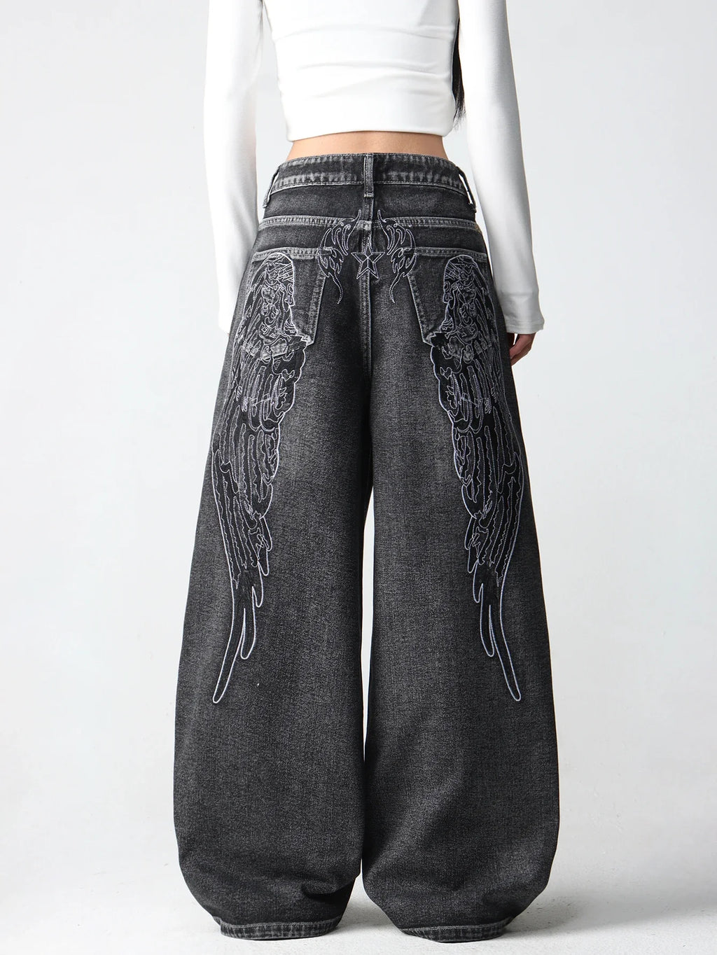 1 Pc American Retro Creative Wing Embroidered Women's High-Waisted Jeans, Fashionable And Versatile Slimming Wide-Leg Trousers