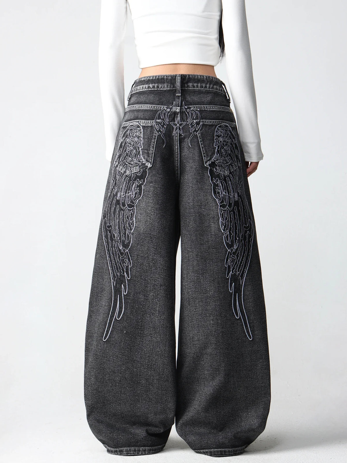 1 Pc American Retro Creative Wing Embroidered Women's High-Waisted Jeans, Fashionable And Versatile Slimming Wide-Leg Trousers