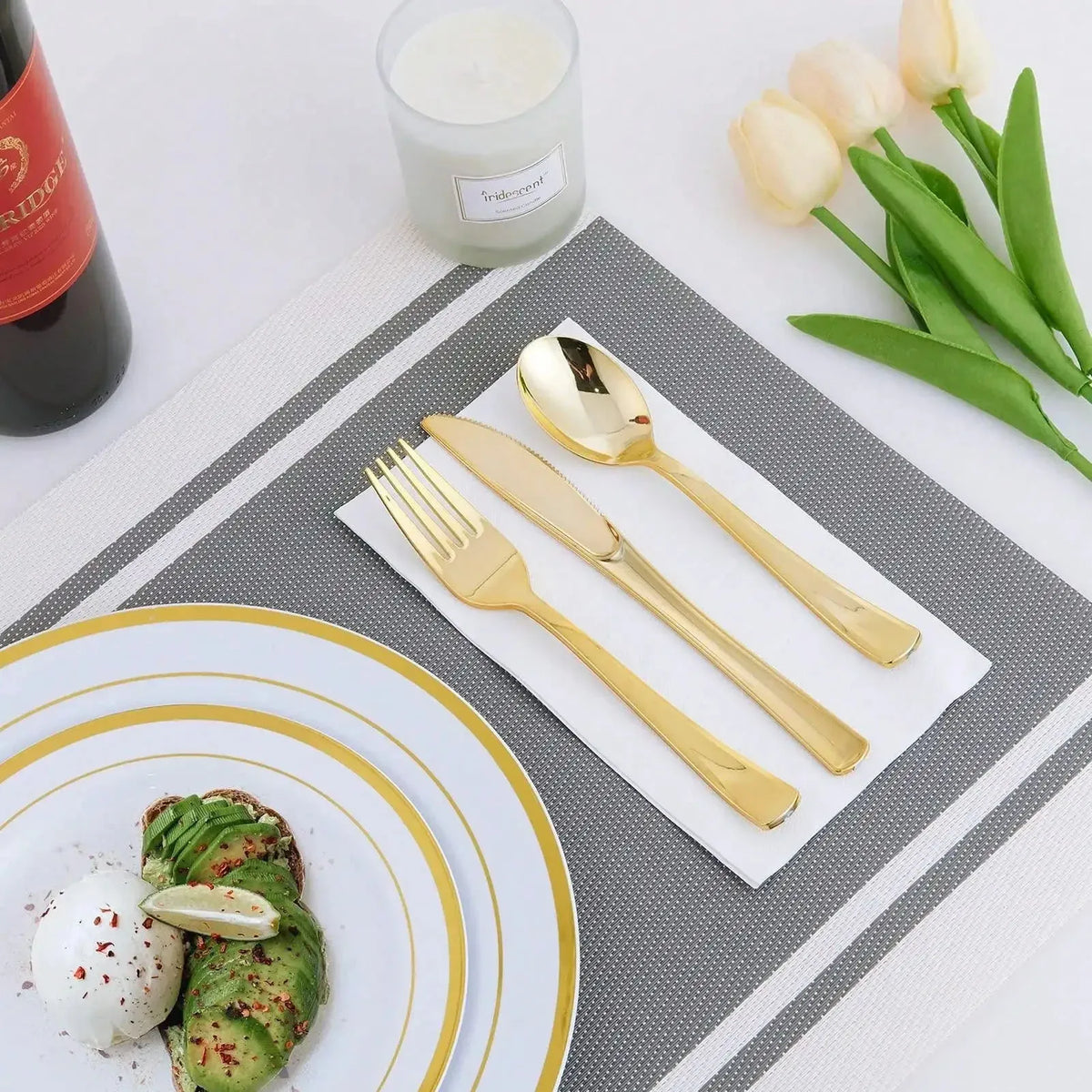 New Multi piece Set - Gold Platter Set, Plastic Tableware, Gold Edge Plate, Knife, Fork, Spoon, Party Wedding Set, Dessert Plate
