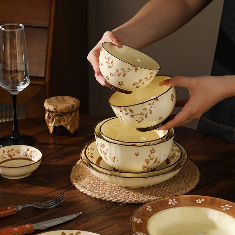 Household Retro Underglaze‑Color Ceramic Dinnerware Set Stylish Rice Soup Bowls Plates Combo Set for Daily Home Dining Tableware