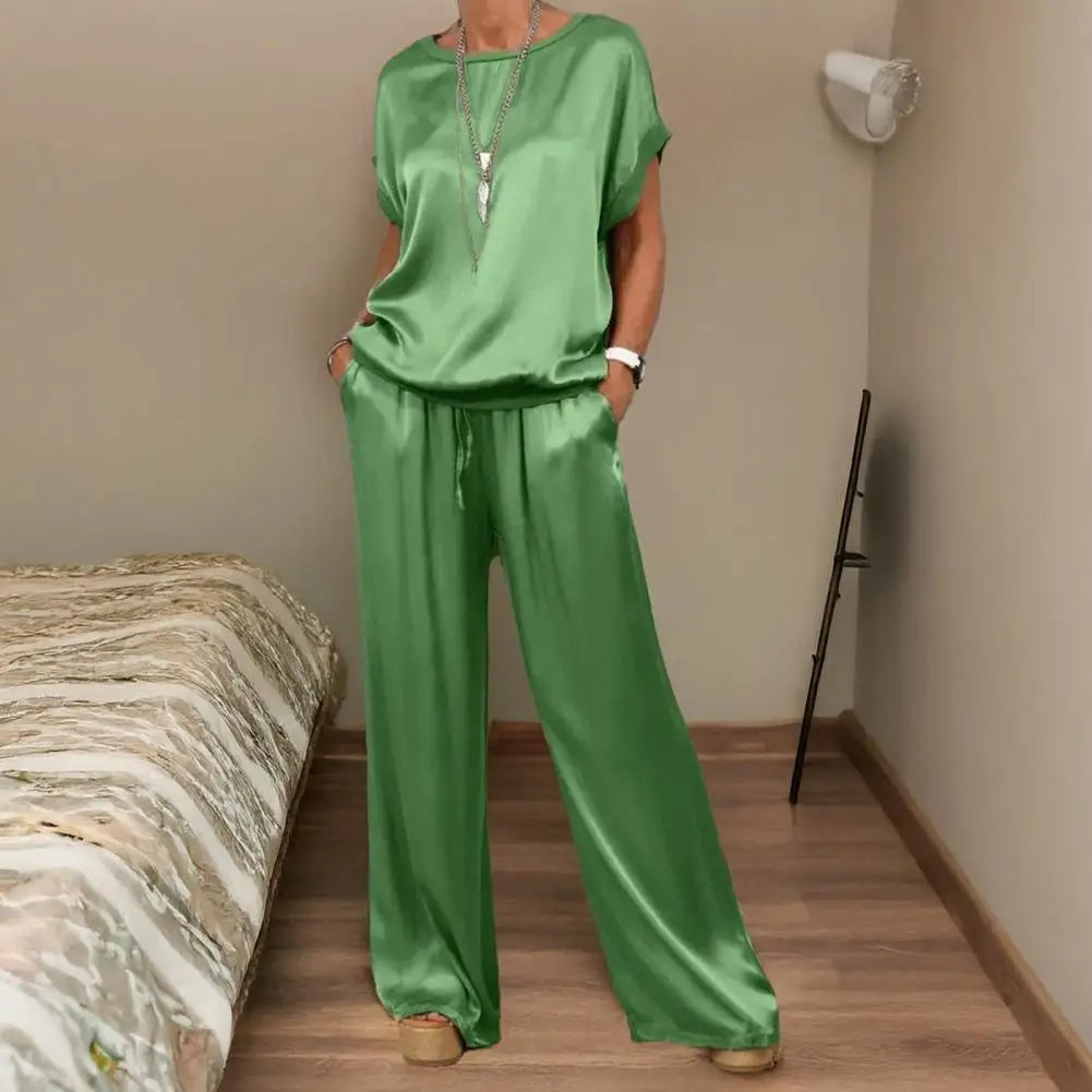 Simple Satin Women's Suits Summer Fashion Short Sleeve Loose Blouse Wide Leg Pants Two Piece Set For Women Casual Outfits