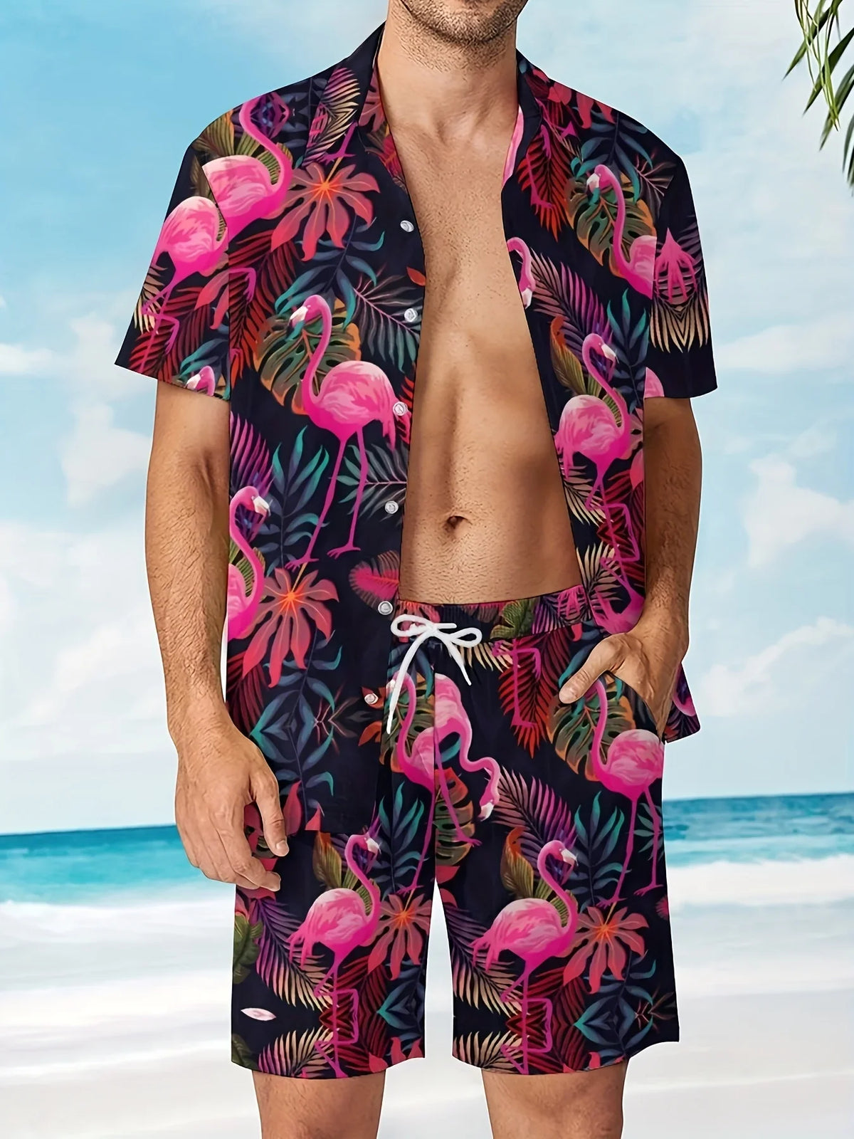 Men'S Summer 2025 Hawaiian Flamingo Pattern Short Sleeve Shirt and Shorts Set Casual Loose Fit for Vacation and Daily Wear