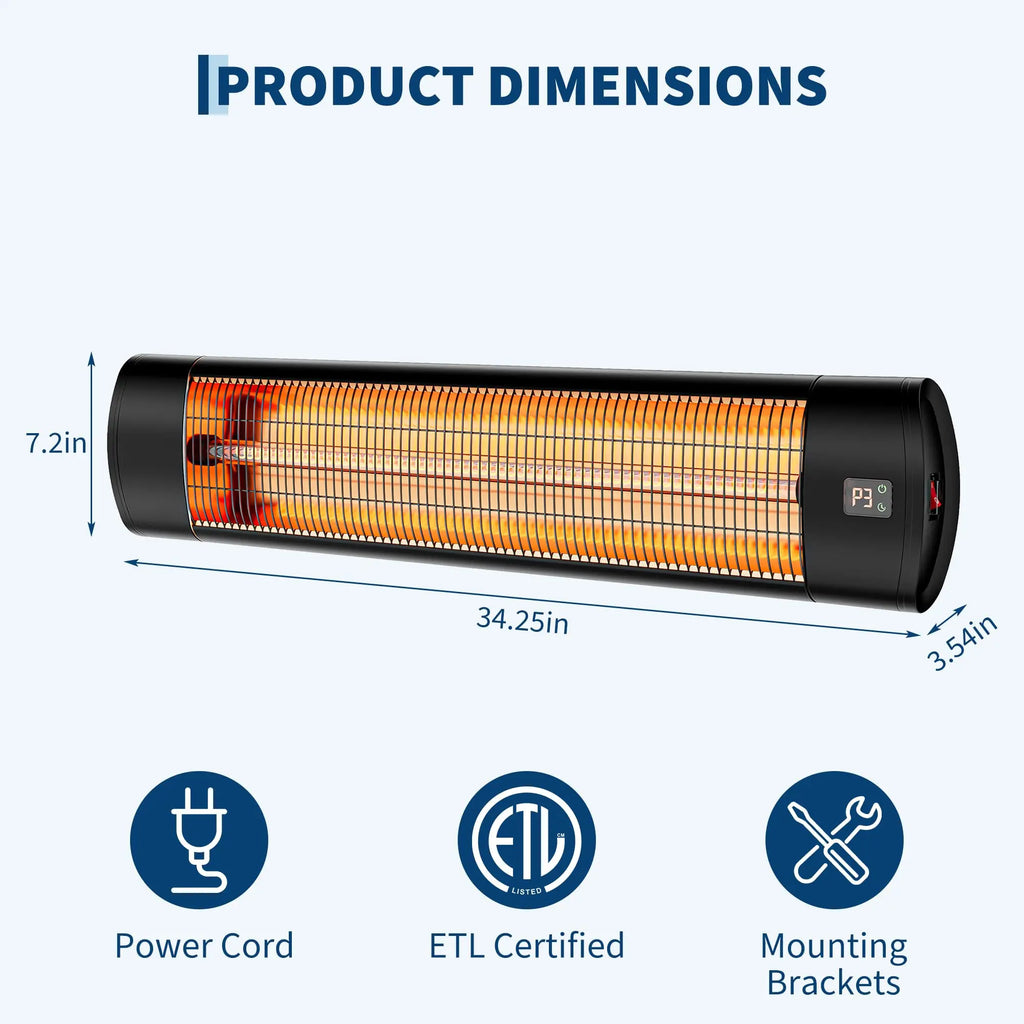 1500W Carbon Fiber Infrared Patio Heater Outdoor Electric Wall Mount With Remote, 24h Timer, 3 Heat Modes For Garage Porch Areas