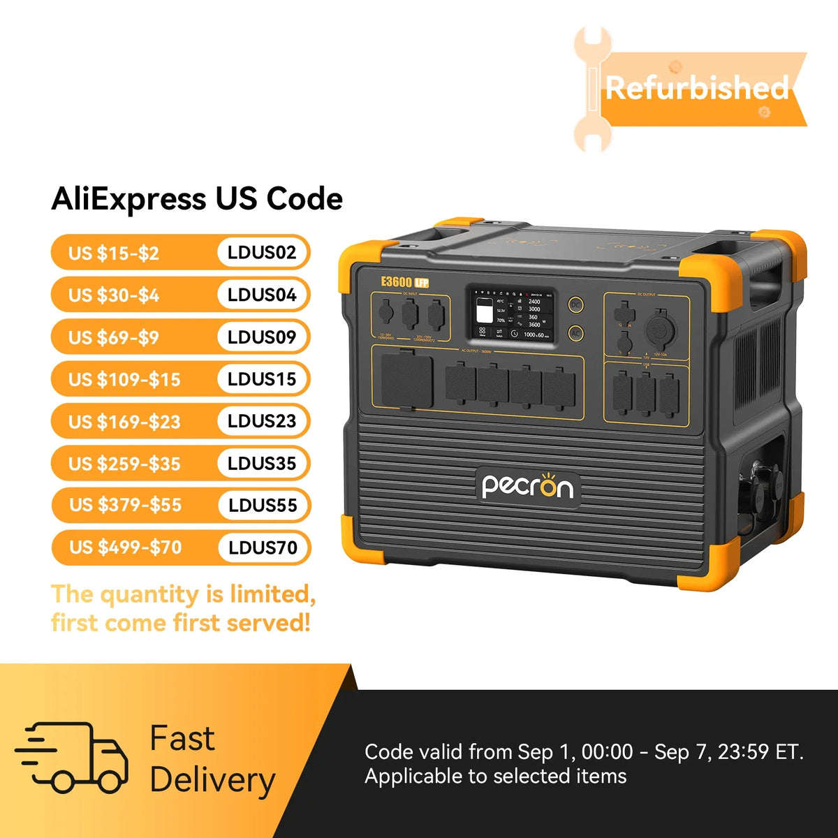 Refurbished-PECRON Portable Power Station 3072Wh E3600LFP, 5x3600W AC Outlets Power Station, LiFePO4 Battery Backup Expanded to 18.43kWh, Fast Charging Solar Generator for Home Use, RV, Camping, CPAP, Emergencies