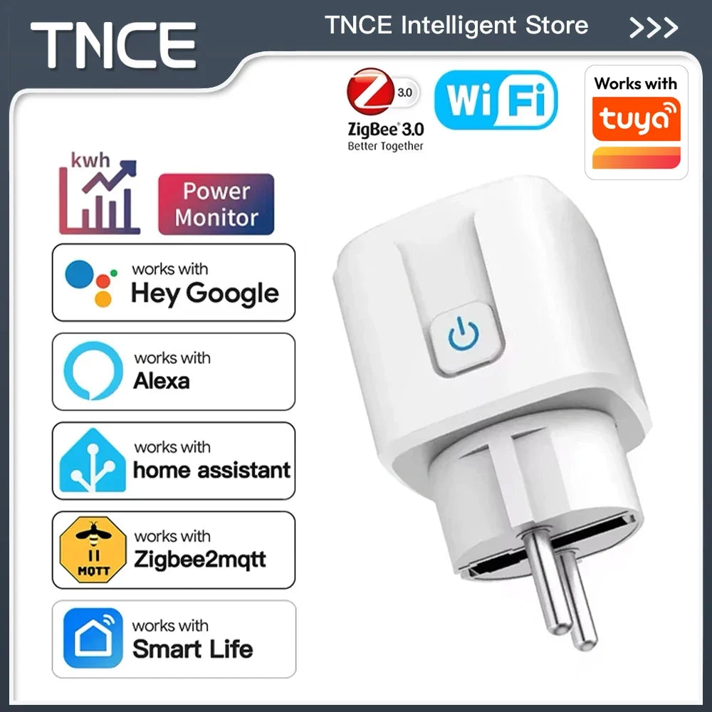 TNCE Tuya EU Plug WiFi or Zigbee3.0 Smart Socket 16/20A, Power Monitor Timer Function Voice Control With Alexa Google Home