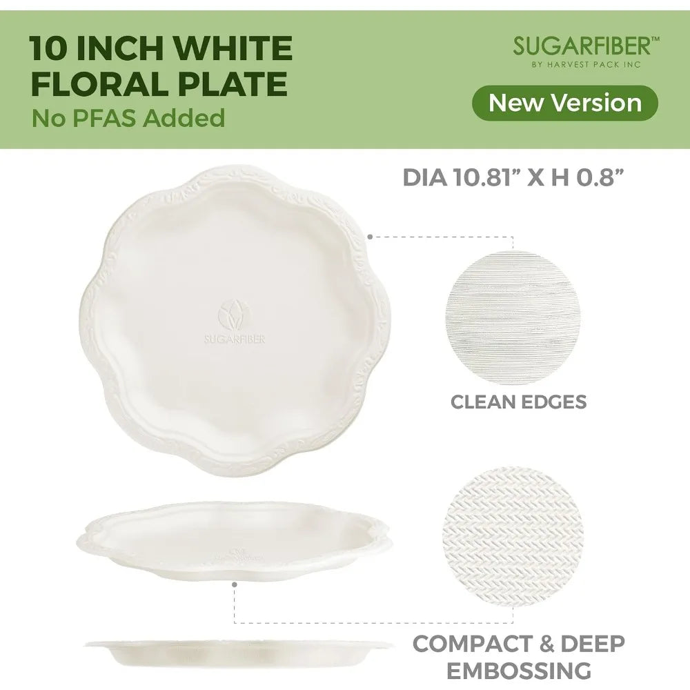 10 inch Compostable Paper Plates White Floral Acanthus Scalloped Disposable Dinnerware