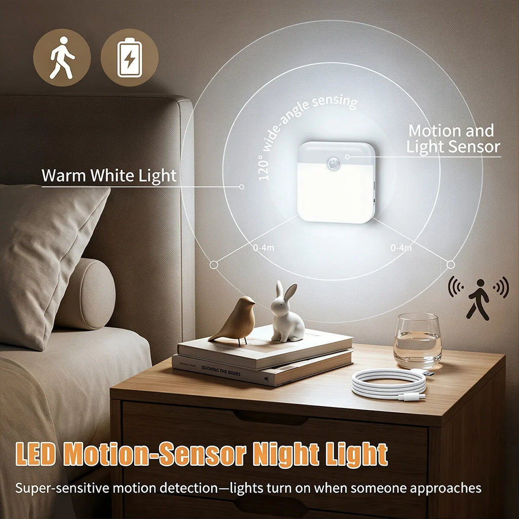 Motion Sensor Light USB Type-C Charging Night Lamp Dimmable White/Warm Light for Bedroom Kitchen Stair Hallway Cupboard Lighting