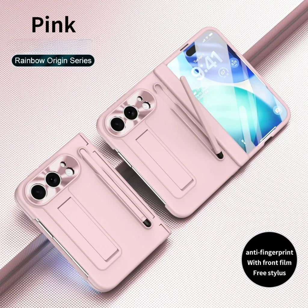 Full Hinge Protection Kickstand Phone Case for iPhone Duo Fold Hard PC Cover with Front Screen Tempered Glass Film & Stylus