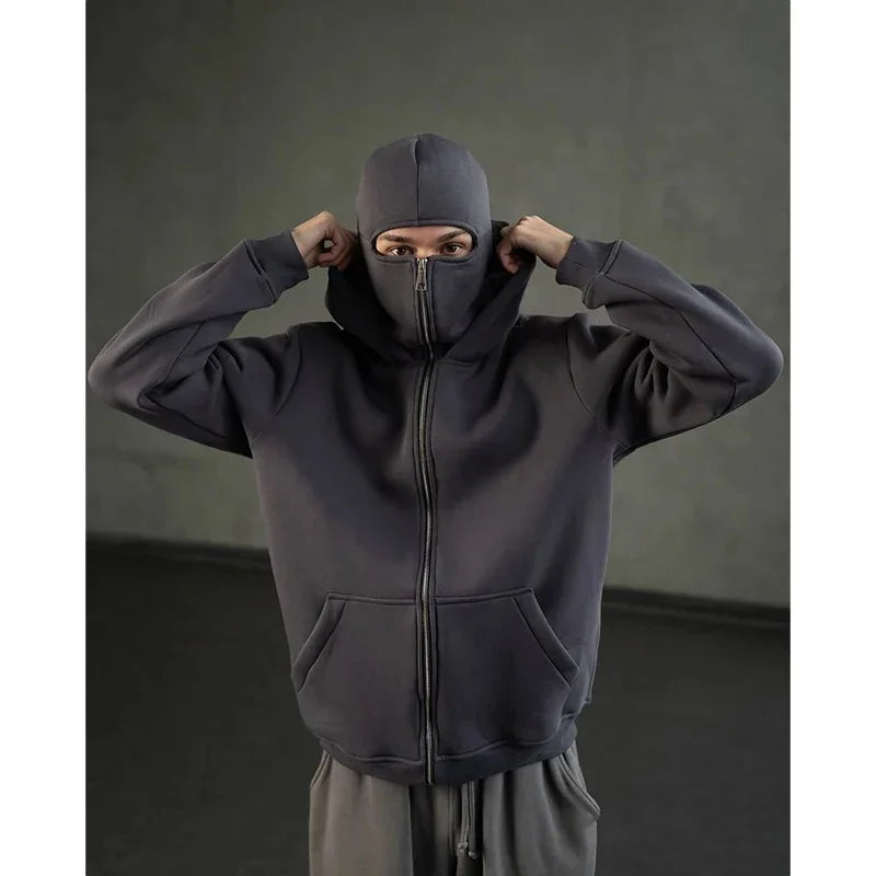 Men's Balaclava Zip Hoodie, Winter Warm Face Mask Hooded Jacket