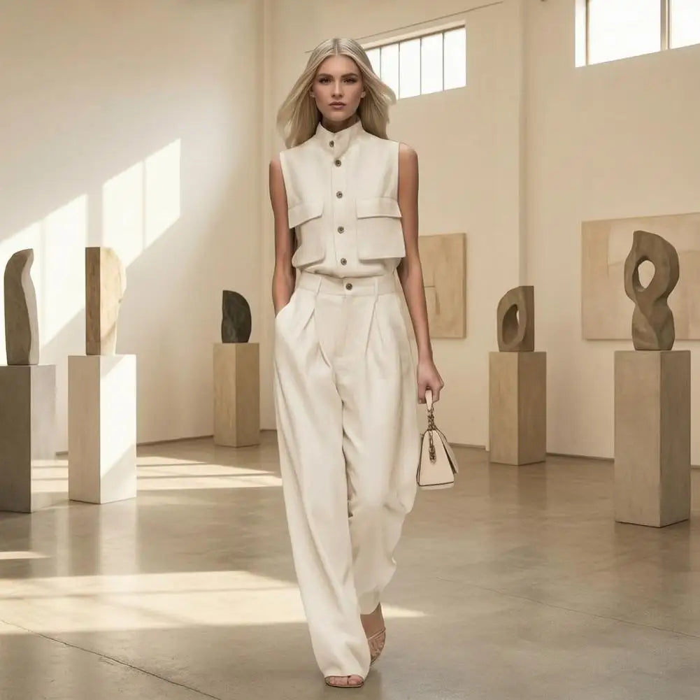 Elegant Sleeveless 2 Piece Sets Sleeveless Shirt Two Piece Outfit Stand Collar Pocket Blouse High Waisted Wide Leg Pants Sets