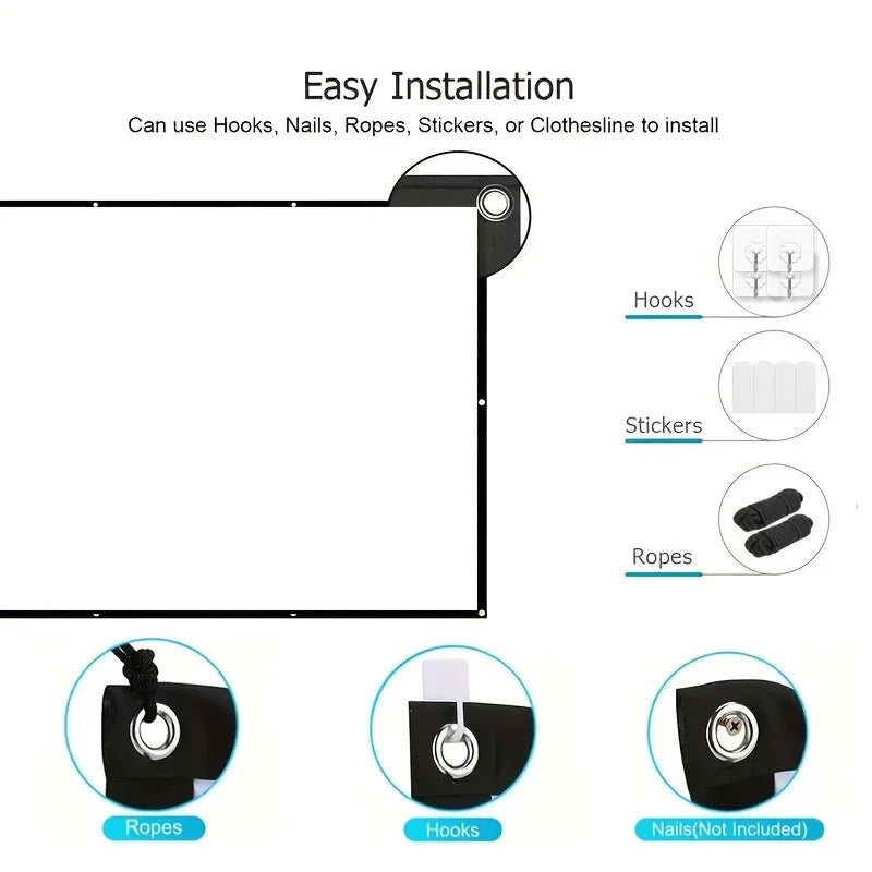 60 inch/72 inch/84 inch/100 inch/120 inch/150 inch HD projection screen with rope. Easy installation without drilling holes.