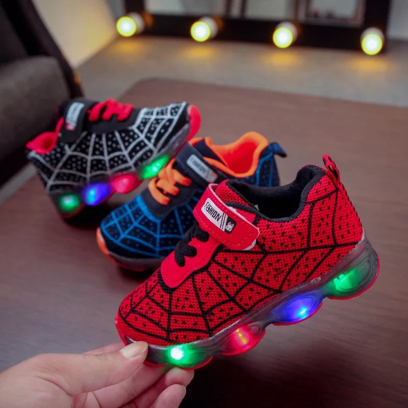 Mgo Kidss New Spring and Autumn Models, Sizes 21-36, Children's Shoes, Kids' Light-Up Shoes, Boys' and Girls' Running Shoes, Baby Flashing Shoes, Led Light-Up Sneakers, Mesh Spider Web Design, Suitable for Children Aged 1-3-6