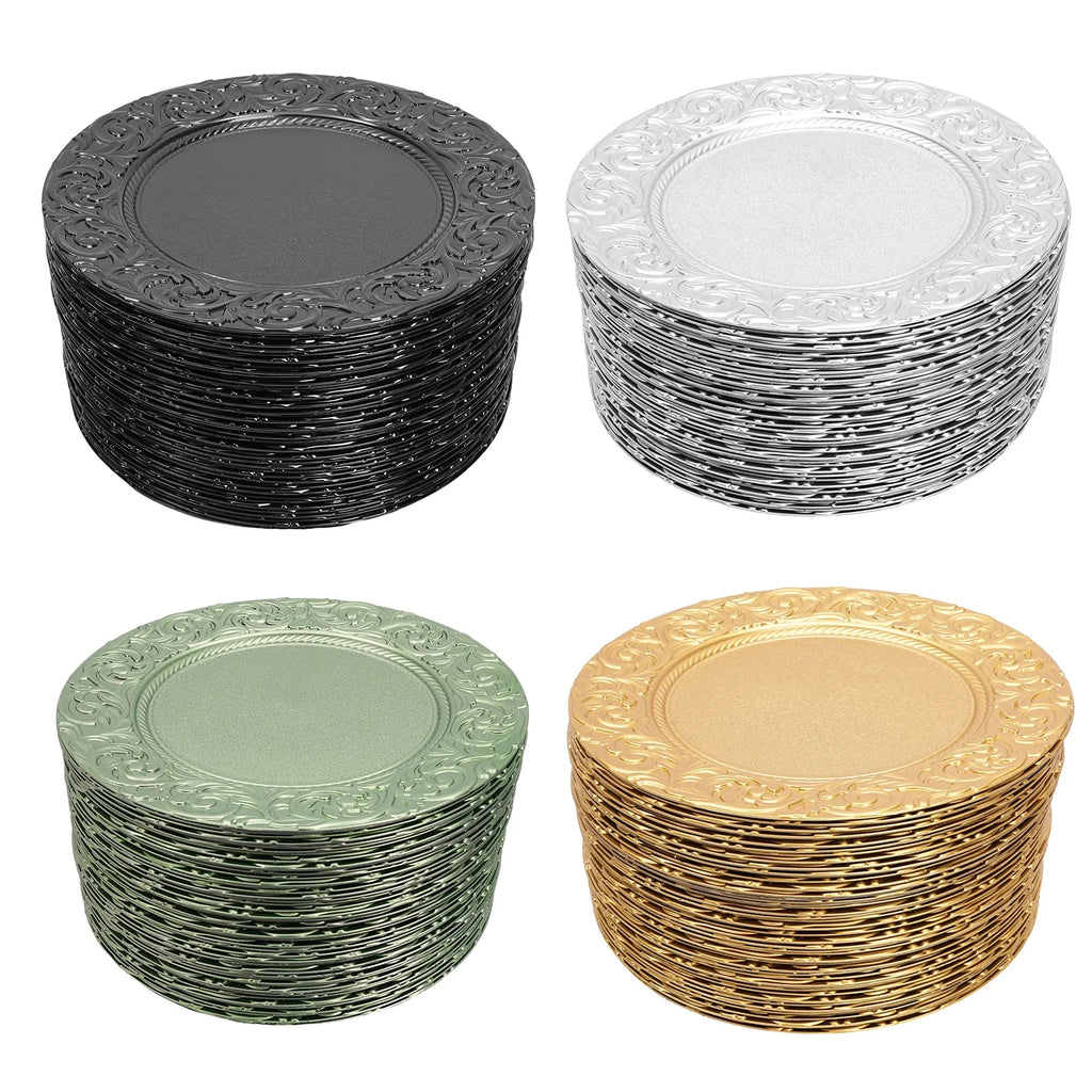 Charger Plates 100-Piece Set Round Reusable Serving Plates Gold Black Silver Green for Wedding Banquet Party Decor