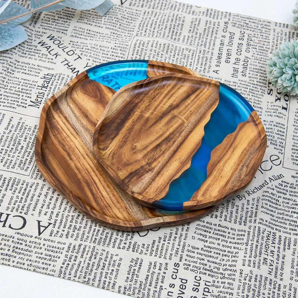Acacia wood epoxy resin craft tray; tea tray; round plate; resin river; fireplace tray; home light luxury plate; wholesale