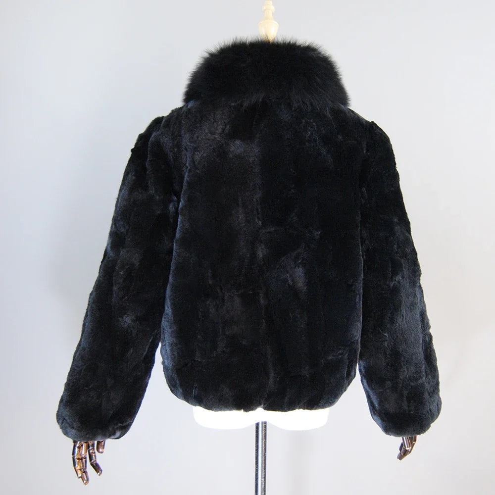 New Luxury Lady 100% Natural Rex Rabbit Fur Coat Women Winter Thick Warm Real Rex Rabbit Fur Jacket With Quality Fox Fur Collar