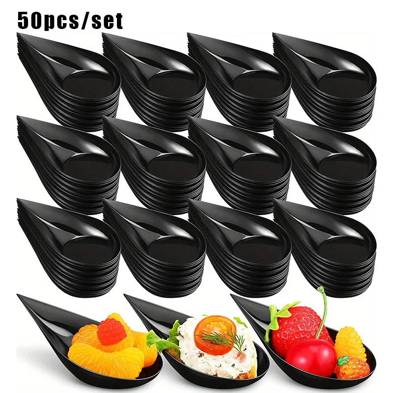50pcs/set Mini Teardrop Appetizer Plates, Disposable Serving Plates, Small Catering Dessert Tasting Cups, Drop Proof Spoon Set,