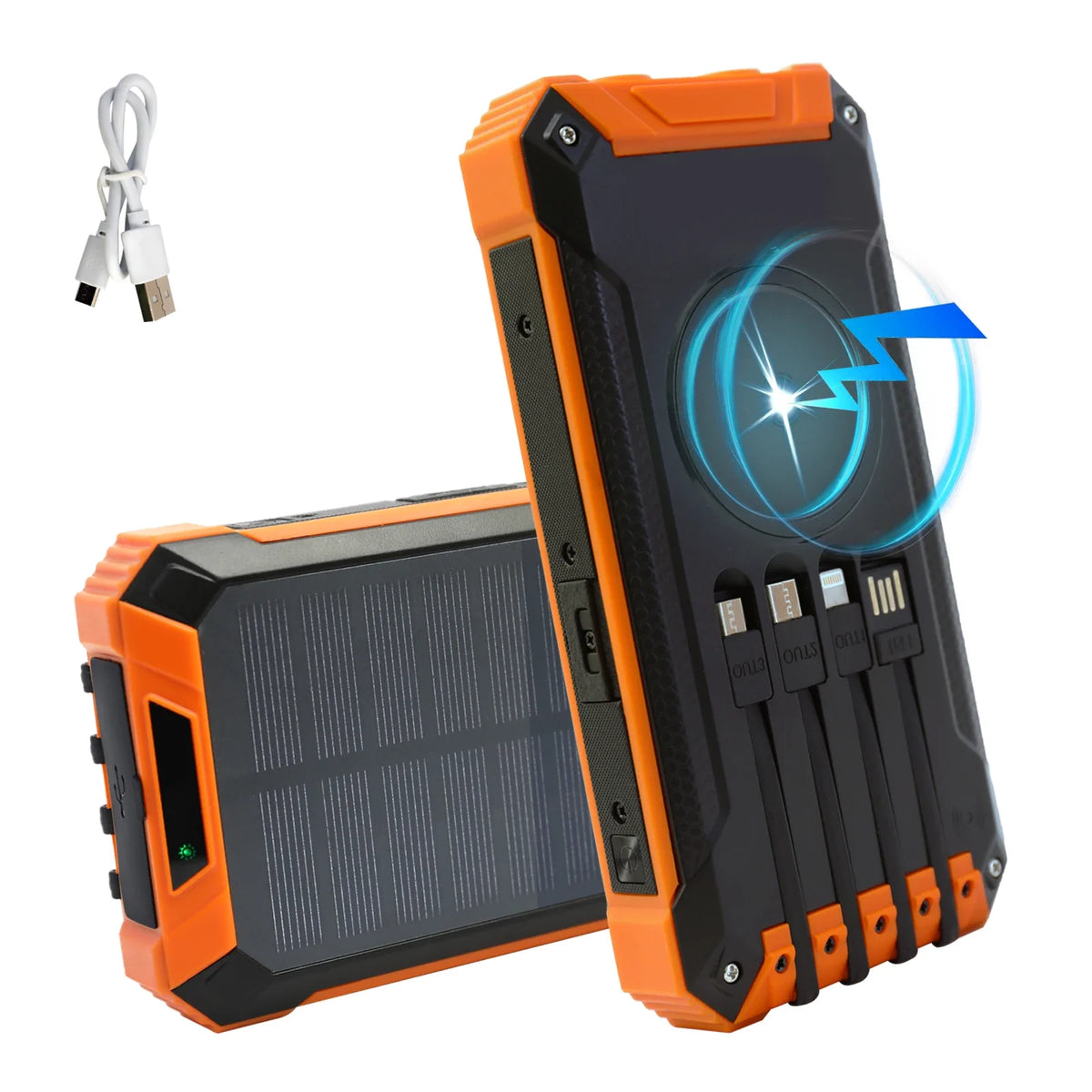 20000mAh Portable Solar Power Bank Dual LED Lights 4 Built-in Cables Fast Charging for iPhone Android Phones AirPods