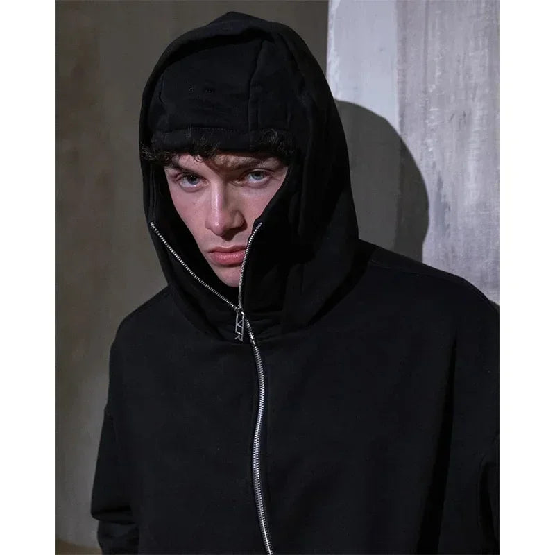 Men's Balaclava Zip Hoodie, Winter Warm Face Mask Hooded Jacket