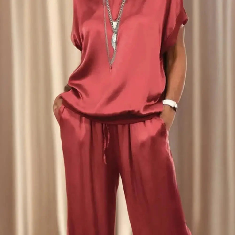 Simple Satin Women's Suits Summer Fashion Short Sleeve Loose Blouse Wide Leg Pants Two Piece Set For Women Casual Outfits