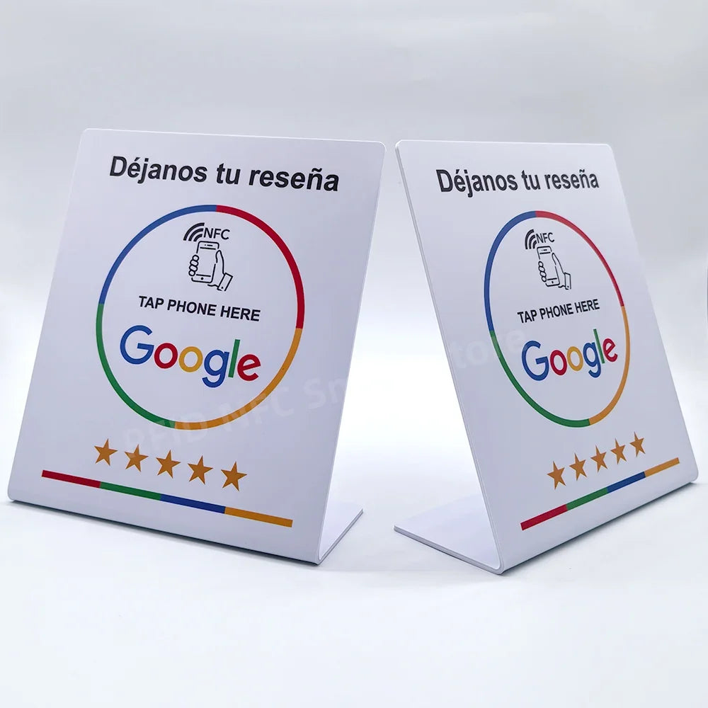 13.56Mhz Programmable Google Review Card NFC Station Table NFC Google Reviews Display Card Standing Déjanos Tu Reseña