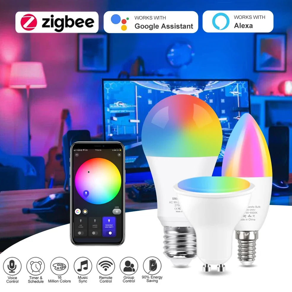 Zigbee Led Light Bulb E27 E14 GU10 Smart Lamp RGB+WW+CW Led Bulb Voice Control With Alexa,Google Home,Smartthings