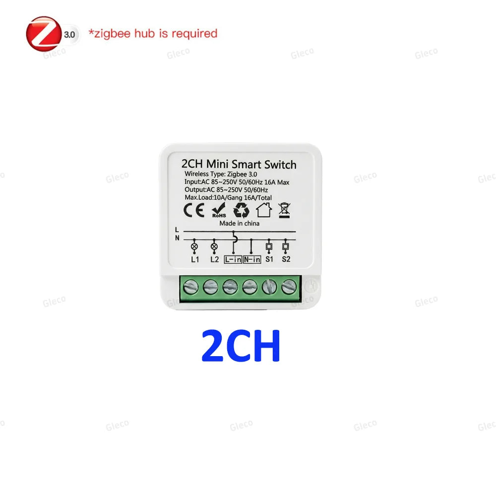 ZigBee Smart Mini Smart Light Switch 1/2CH Breaker Relay 16A 2 Way Control Smart Life APP Voice Control For Tuya Alexa Google
