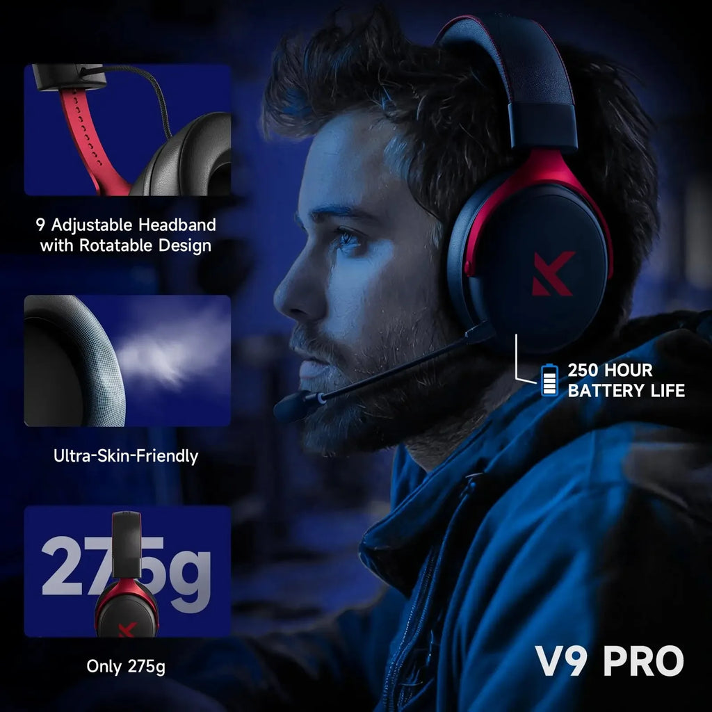MCHOSE V9 Pro Wireless Headset 7.1 Surround Sound 53mm Gaming Headphones Noise Canceling Mic Low Latency Lightweight for PS5 PC SWITCH with Microphone