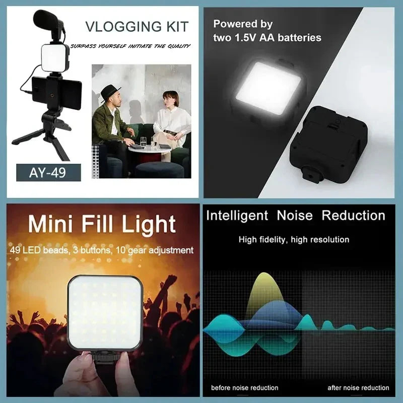 Smartphone Vlogging Kit With Tripod Phone Holder Mini Microphone LED Fill Light Starter For Live Stream Video YouTube