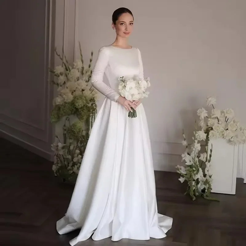 White A-Line Long Wedding Dresses Simple O-Neck Long Sleeve Bride Dress 2025 Boho Beach Wedding Prom Gowns Customized