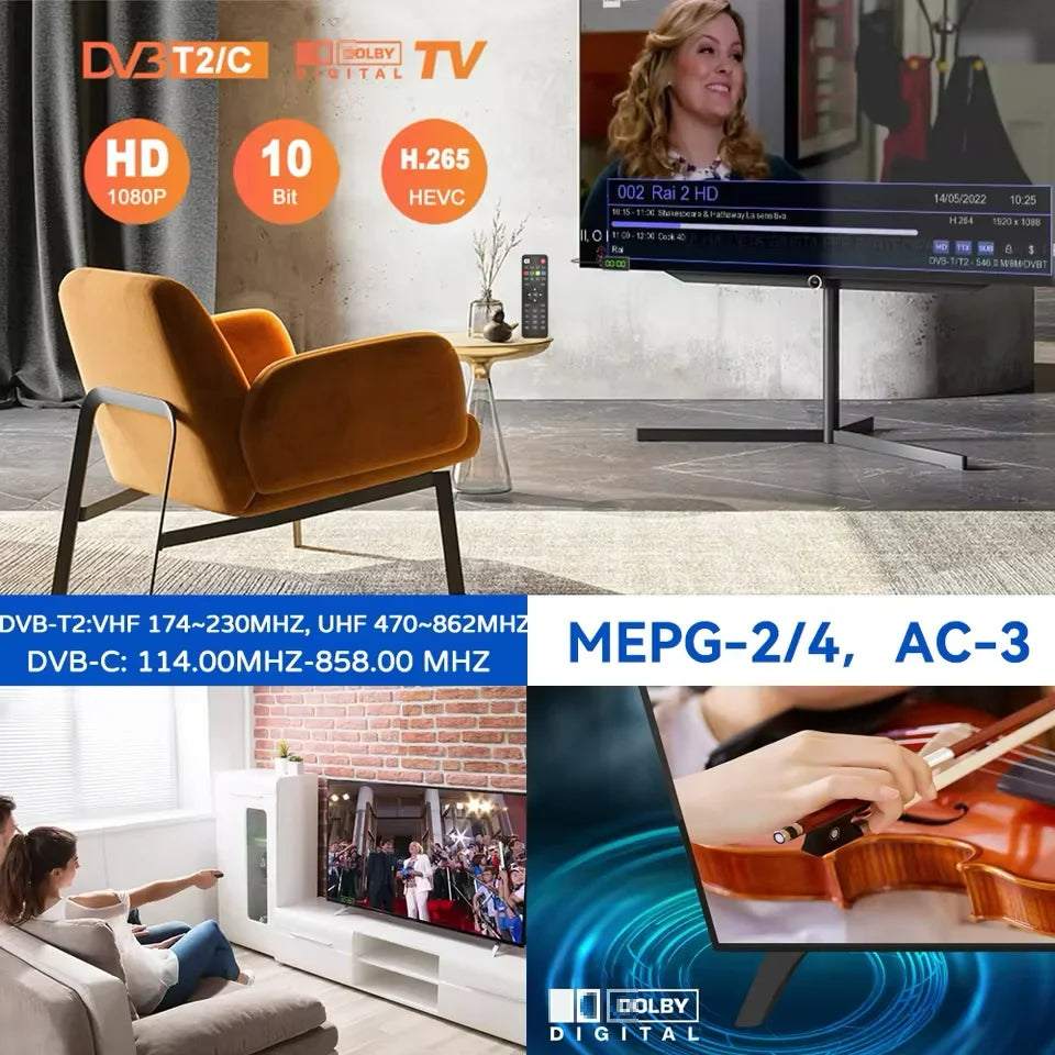 Dluxury New DVB T2 DVB C H.265 Digital TV Decoder HD Free TV Channels 7Days EPG TV Tuner TV STICK for Spain France Itlay ect