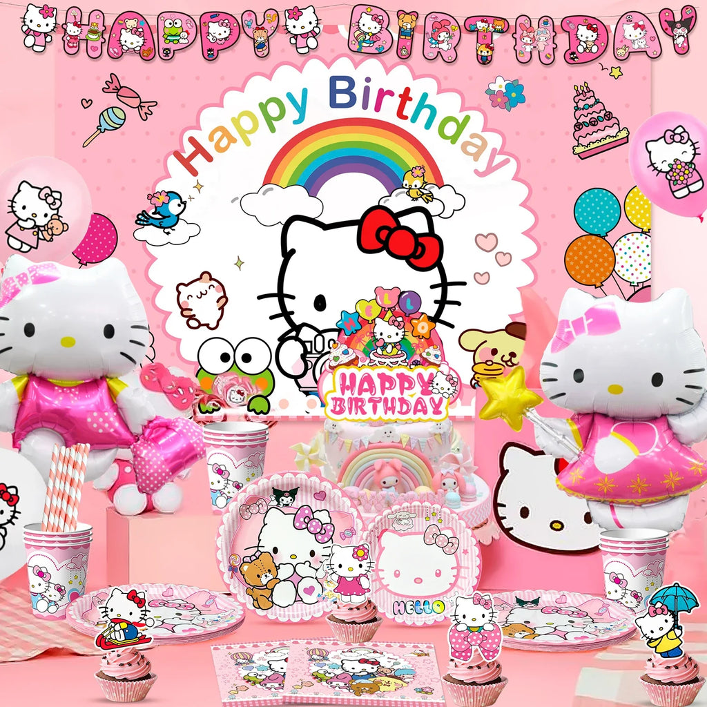 124 Pcs Hello Kitty Party Decorations & Tableware Set - Kitty Plates Backdrop Balloon Banner Etc Hello Kitty Birthday Decoration