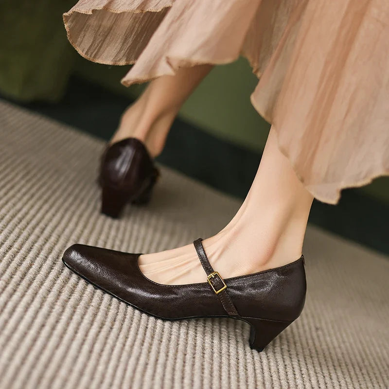2025 New Spring Women Pumps Sheepskin Leather Women Shoes Pointed Toe Med Heel Concise Slip-on Shallow Handmade Shoes Mary Janes